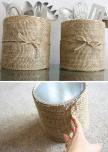 burlap-covered-coffee-can-kitchen-utensil-organization