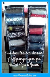 clever closet rod organizing tip use double sided shoe or flip flop organizers to store rolled jeans or pjs