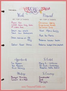 I love the Brilliant Life Planner Weekly Task page. It inlcudes, Tops 3 tasks for business and personal planning, appointments, meetings, phone calls and even who you want to encourage so that the big pciture doesn't get lost in the chaos of everyday life.