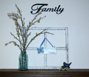 Simple Spring Decor Window Frame, Pussy Willow, Bluw Bird, Mason Jar